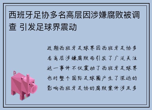 西班牙足协多名高层因涉嫌腐败被调查 引发足球界震动